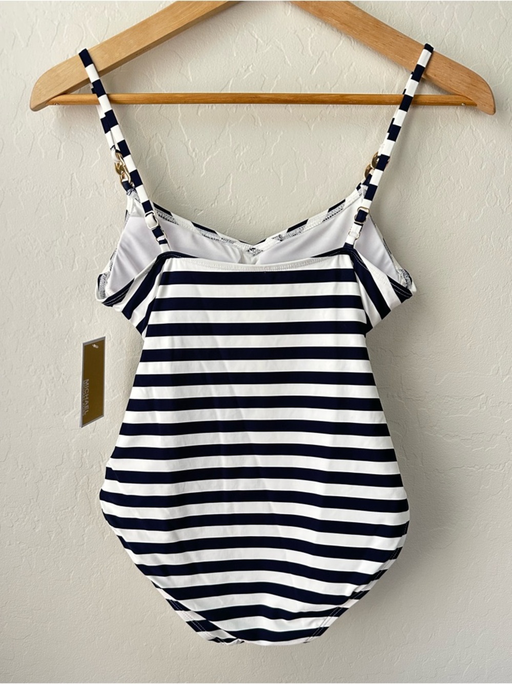 NWT Michael Kors Ruched Chain-Link One-Piece Swim - Navy/White Stripe Size 10 - Picture 2 of 9